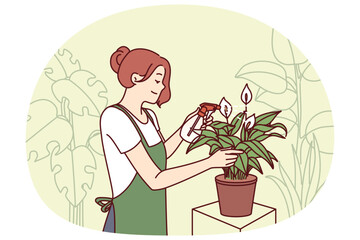 Woman gardener from greenhouse takes care of house plants by spraying leaves with fertilizer to get rid of termites. Florist girl works in greenhouse and breeds home plants for sale in own store