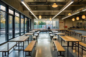 modern school canteen with tables and chairs