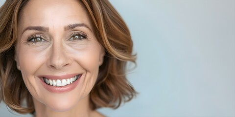 Naklejka premium Closeup portrait reveals woman's glowing smile and rejuvenated skin after receiving anti-aging treatment. Concept Beauty Transformation, Skincare Treatment, Radiant Smile, Closeup Portrait