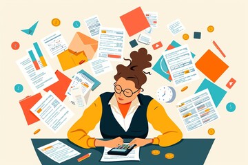 Finance, accountant with calculator and documents, flat design illustration