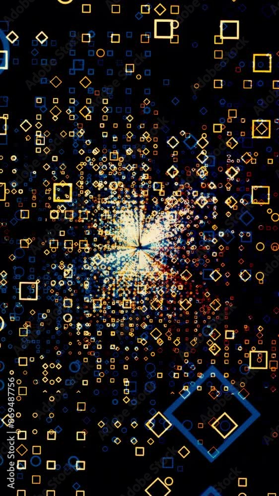 Sticker motion of futuristic small squares in digital virtual space. design. spinning technological 3d space