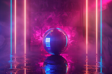 disco ball and neon lights background with copy space for text