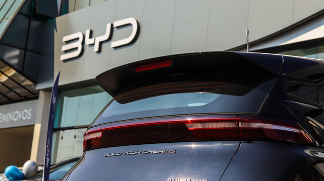 BYD eletric car and facade store. Photo made in Mogi das Cruzes, SP, Brazil in June 30 2024