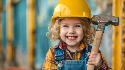 Child construction worker in a hard hat, smiling excitedly, holding a toy hammer, colorful background, editorial style, bright photo