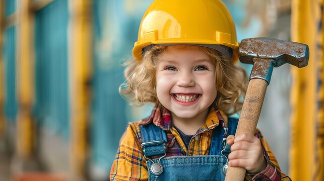 Child construction worker in a hard hat, smiling excitedly, holding a toy hammer, colorful background, editorial style, bright photo