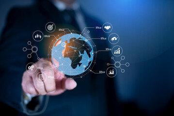 Businessman hand touching abstract global network connection on structure network. Big data analytics and business intelligence concept. Concept of Global Business. Digital link tech.