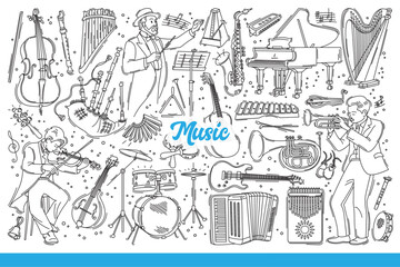 Musical instruments for performing orchestral music with classical compositions. Conductor and musicians near guitars and violins or drums for performing music at concerts. Hand drawn doodle
