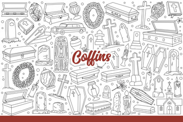 Obraz premium Coffins for funeral of deceased near tombstones and vases for ashes of criminated person. Coffins for ritual processions with wreaths and candles for religious ceremonies. Hand drawn doodle