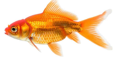 Fototapeta premium Goldfish swimming in a freshwater aquarium on a white background. Concept Aquarium Photography, Goldfish Portraits, Underwater Animals, Fish Tank Close-Up, White Background Shots