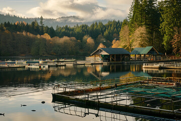 Obraz premium salmon fish farm in lake near mountains with sky with copy space