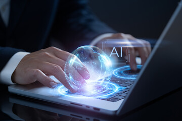 Professional using a laptop with a futuristic AI interface for data analysis