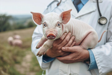 Fototapeta premium man veterinarian holding little pig on pig farm
