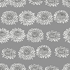 Black and white abstract floral seamless pattern on grey background. Outline monochrome sketch of chrysanthemum flower suitable for wallpapers, or fabric designs