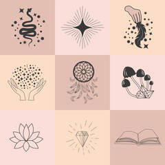 Obraz premium Set of magic symbols, celestial seamless pattern. Astrological, magical and esoteric symbols.