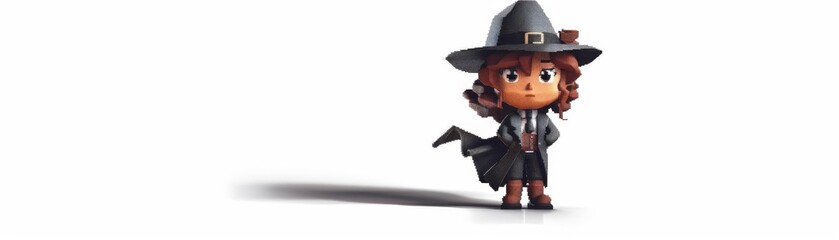 Cute pixel art doll in a detective outfit, 3D model, white background, mystery style