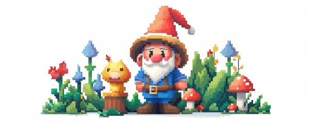 Cute pixel art doll with a garden gnome, 3D model, white background, whimsical style