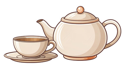 A ceramic teapot and matching cups sit on a white background