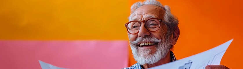 Elderly architect with a model building, smiling excitedly, holding a blueprint, colorful background, editorial style, architectural photo