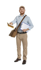 Happy young postman with brown bag delivering letters on white background