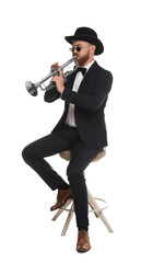 Fototapeta premium Handsome musician playing trumpet on white background