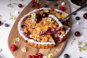 Freshly Baked Cherry Crumble Pie, Berry Pie over Summer Background