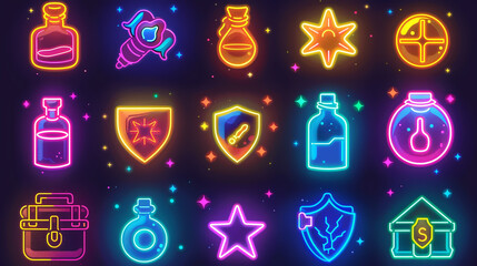 A collection of game icons in neon style, including health icon with heart and shield icon, lab bottle and crossbow arrow icon