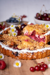 Freshly Baked Cherry Crumble Pie, Berry Pie over Summer Background