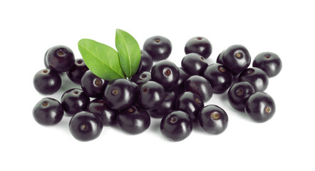 Fresh ripe acai berries and green leaves isolated on white
