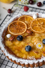 Freshly Baked Lemon Pie, Citrus Tart over Summer Background