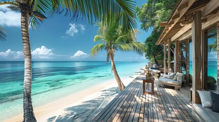 Fototapeta premium Elevated image of a beachfront retreat with palm trees, wooden deck, and turquoise waters, sunny weather, editorial style, tropical photo