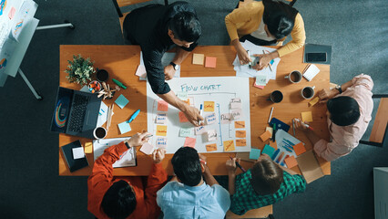 Top down aerial view of business team making scrum task board at meeting room. Group of people...