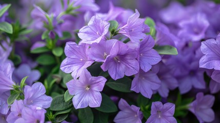 Beautiful bellflowers blooming in garden closeup image. Decorative flowers cultivation in park close up photography. Campanula carpatica plants growing concept photo realistic