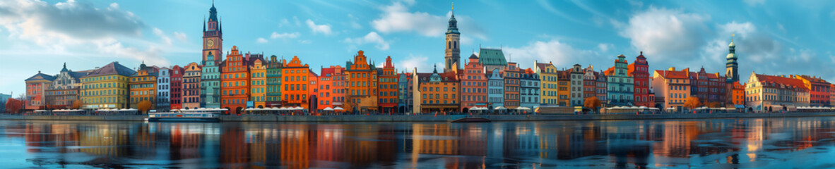 Fototapeta premium Vibrant old European city cityscape featuring colorful buildings along a waterfront, with reflections in the water and a dramatic cloudy sky overhead. Generative ai raster illustration. 