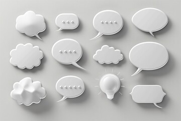 A set of white speech bubbles with a light bulb in the middle. The speech bubbles are arranged in a row and are all different sizes