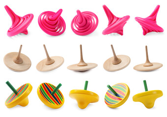 Many different spinning tops isolated on white, set