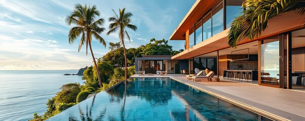 Fototapeta premium Elevated image of a modern beach villa with expansive windows, infinity pool, and palm trees, clear skies, editorial style, coastal photography