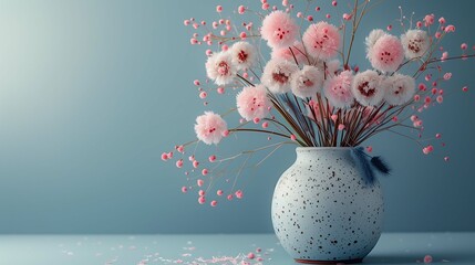 Pink dried craspedias with gypsophila branches in clay vase image copy space. Cute flowers bouquet banner background blurred. Florist composition concept photography copyspace