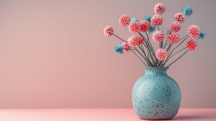 Fluffy craspedias bouquet in ceramic vase image copy space. Drumstick flowers bunch banner background blurred. Floral elements of home interior concept photography copyspace