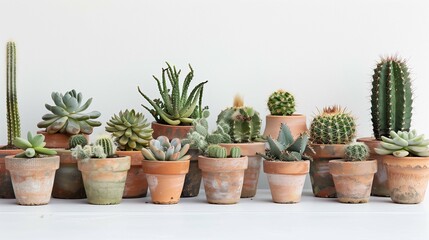 Fototapeta premium Potted cacti and lush succulents collection photo. Green desert plants cultivation at home image background wallpaper. Wild flora growing and conservation concept picture realistic