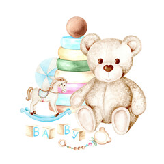 Teddy bear, pyramid, cubes, rocking horse. Toys for babies. Watercolor illustration is hand drawn. Suitable for textiles, scrap paper, wallpaper, wrapping paper, cards, invitations 