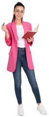 Taking notes, full body view young attractive caucasian entrepreneur young business woman taking notes holding notebook and pencil looking camera confident. Wear formal pink jacket and jeans. 