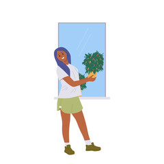 Young woman gardener cartoon character demonstrating ripe hot peppers harvest on bush in pot