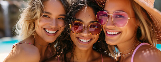 Diverse women enjoying a beach vacation, representing beauty and inclusivity. Ideal for swimwear ads, travel promotions, and body positivity campaigns.