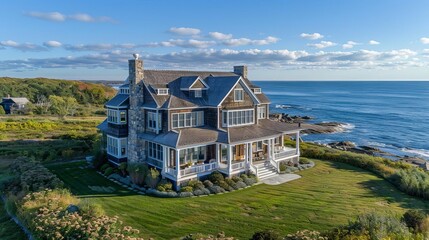 Elevated shot of a classic New England home with shingled exterior, white trim, and ocean backdrop, sunny day, editorial style, coastal photo