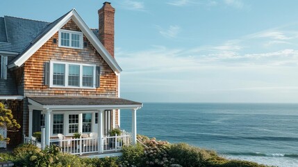 Elevated shot of a classic New England home with shingled exterior, white trim, and ocean backdrop,...