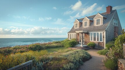 Elevated shot of a classic New England home with shingled exterior, white trim, and ocean backdrop, sunny day, editorial style, coastal photo