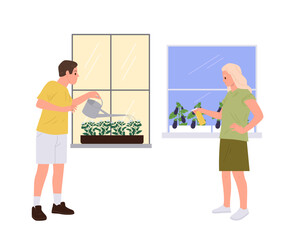 Young man woman garden lovers cartoon characters caring for plants on windowsill isolated on white