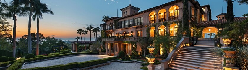 Elevated shot of a Mediterranean mansion with grand staircase, arched windows, and lush gardens, twilight, editorial style, opulent photo