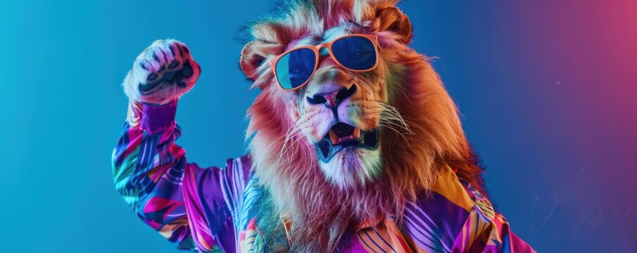Stylish lion wearing sunglasses and a colorful shirt, posing against a vibrant split background, blending wild animal majesty with a humorous and trendy twist.