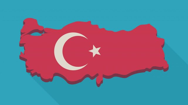 Animation of the appearance of the map of Turkey in the colors of the Turkish flag in flat design style on a blue background with long shadow (flat design)